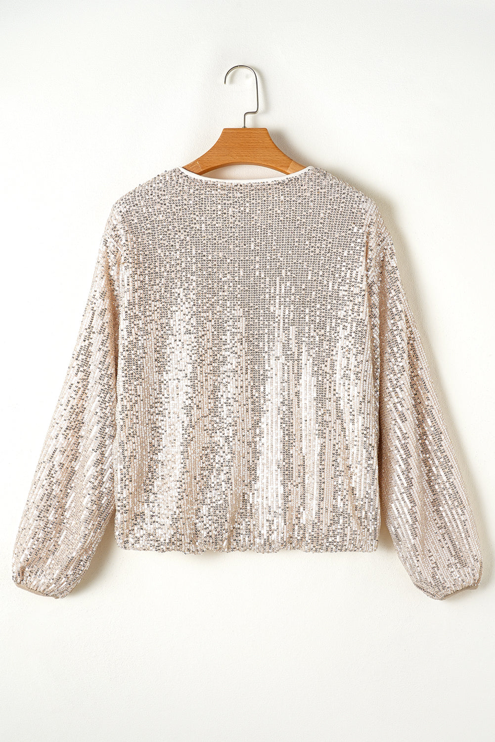 Apricot Sequin Zip up Round Neck Long Sleeve Jacket