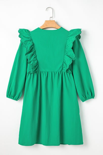 Bright Green Embroidered Ruffled Trim 3/4 Sleeve V Neck Mini Dress