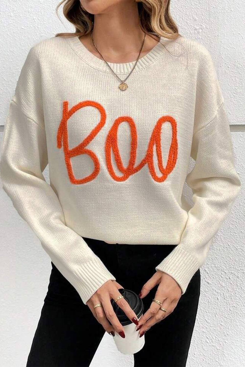 Black Boo Knitted Pattern Ribbed Edge Drop Shoulder Sweater