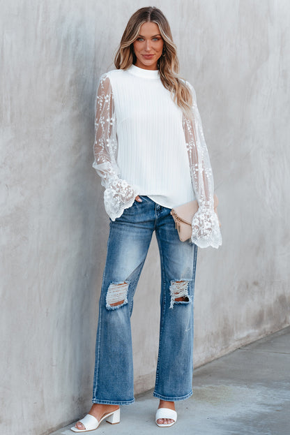 White Contrast Lace Sleeve Mock Neck Textured Blouse