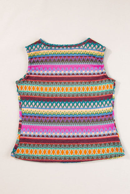 Purple Ethnic Wavy Pattern Round Neck Sleeveless Top