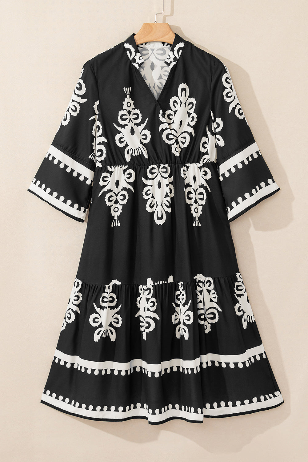 Black Western Geometric Print 3/4 Sleeve Loose Midi Dress