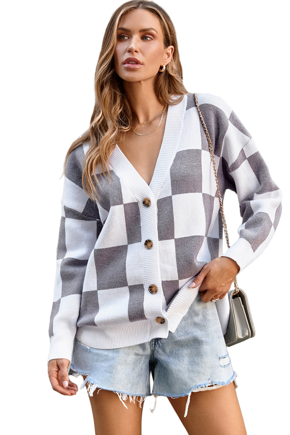 Gray Contrast Checkered Print Button Up Sweater Cardigan