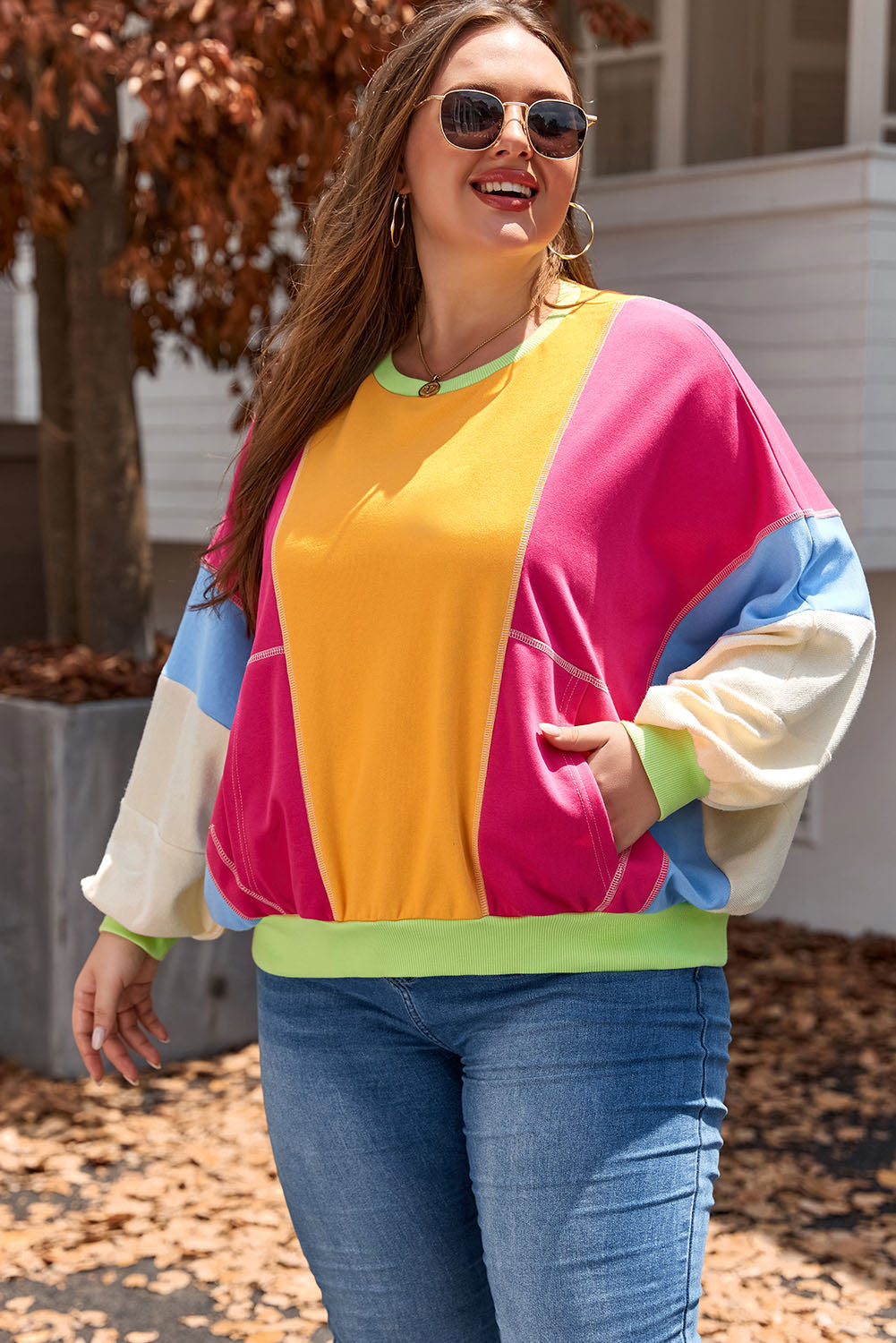 Rose Red Plus Size Colorblock Patchwork Exposed Seam Sweatshirt