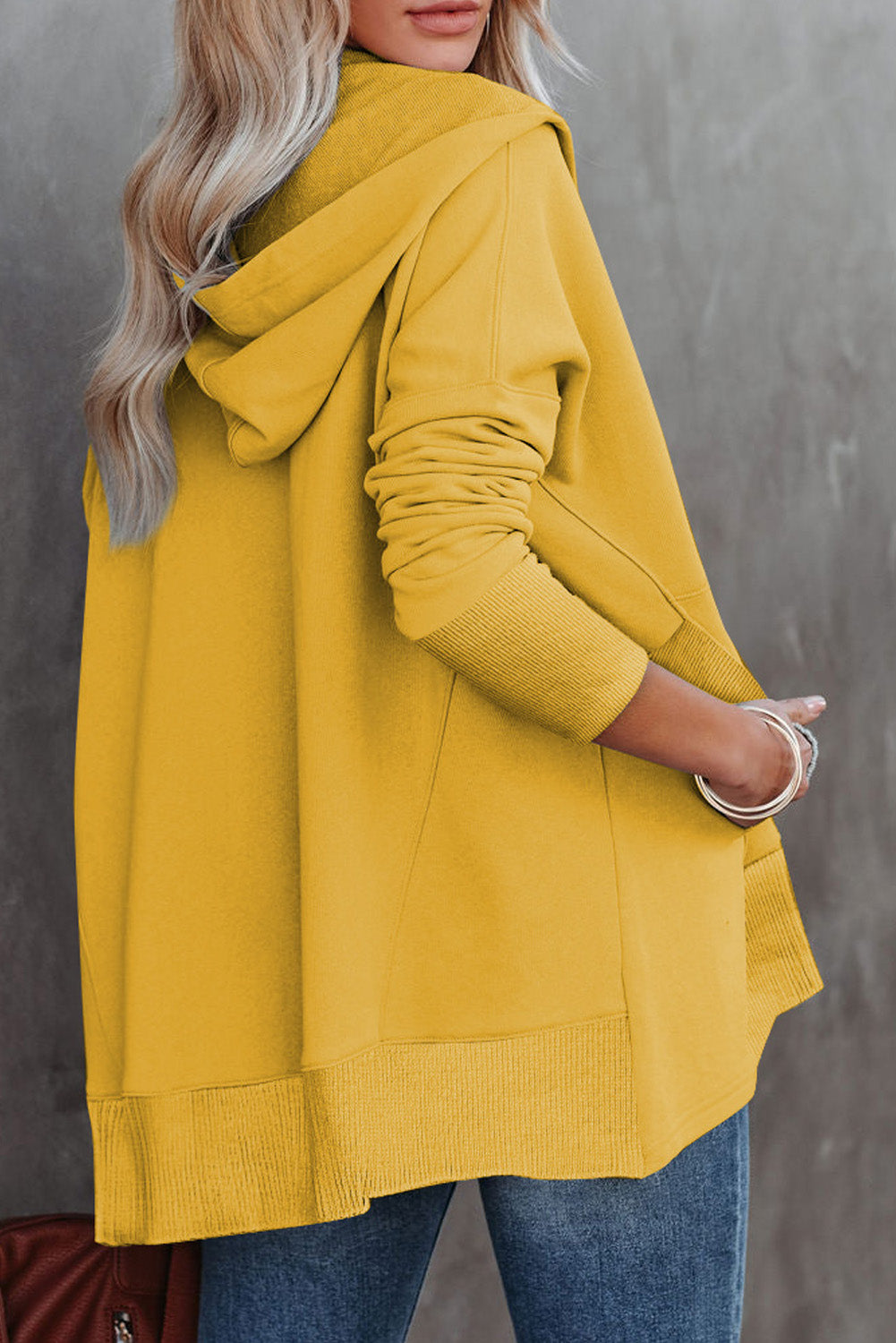 Yellow Batwing Sleeve Pocketed Henley Hoodie