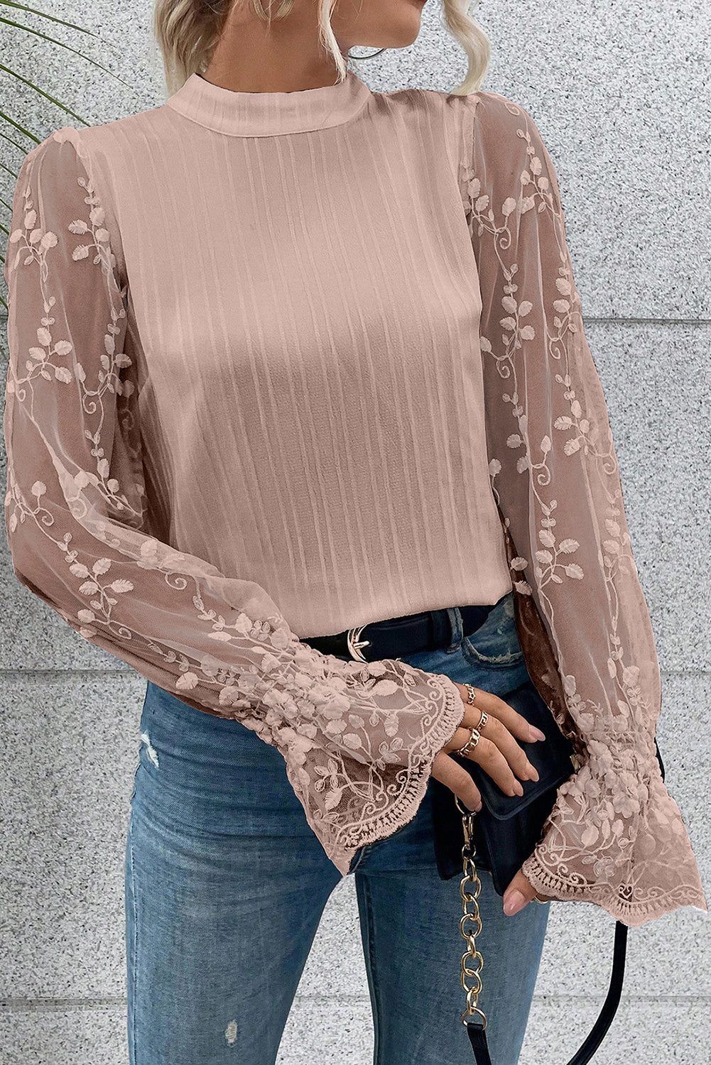 White Contrast Lace Sleeve Mock Neck Textured Blouse