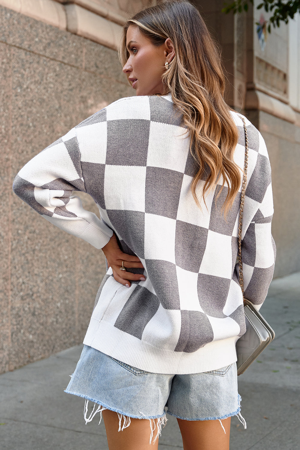 Gray Contrast Checkered Print Button Up Sweater Cardigan