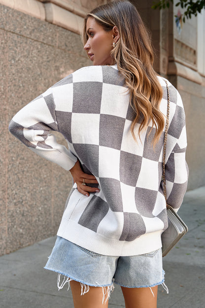 Gray Contrast Checkered Print Button Up Sweater Cardigan