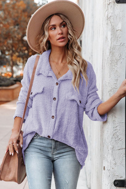 Purple Plush Button Down Pocketed Shirt Jacket