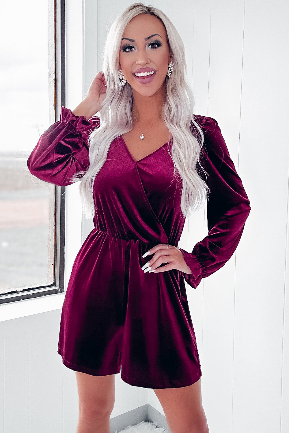 Red Dahlia Velvet Surplice Neck Ruffled Sleeve High Waist Romper