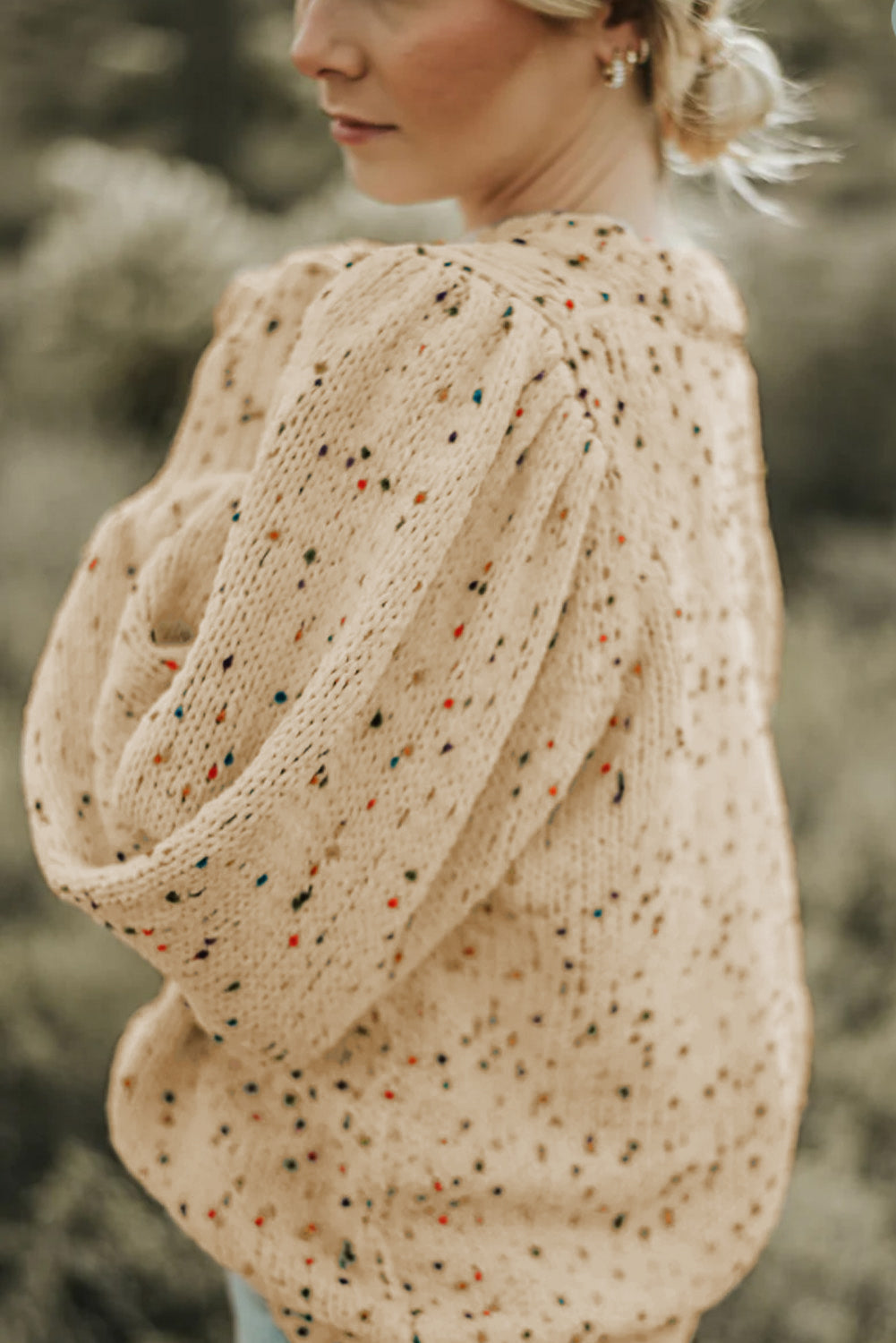 Beige Colorful Dots Cable Knit Crew Neck Sweater