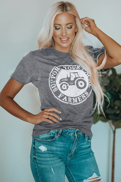 Camiseta estampada cinza APOIE SEUS AGRICULTORES LOCAIS