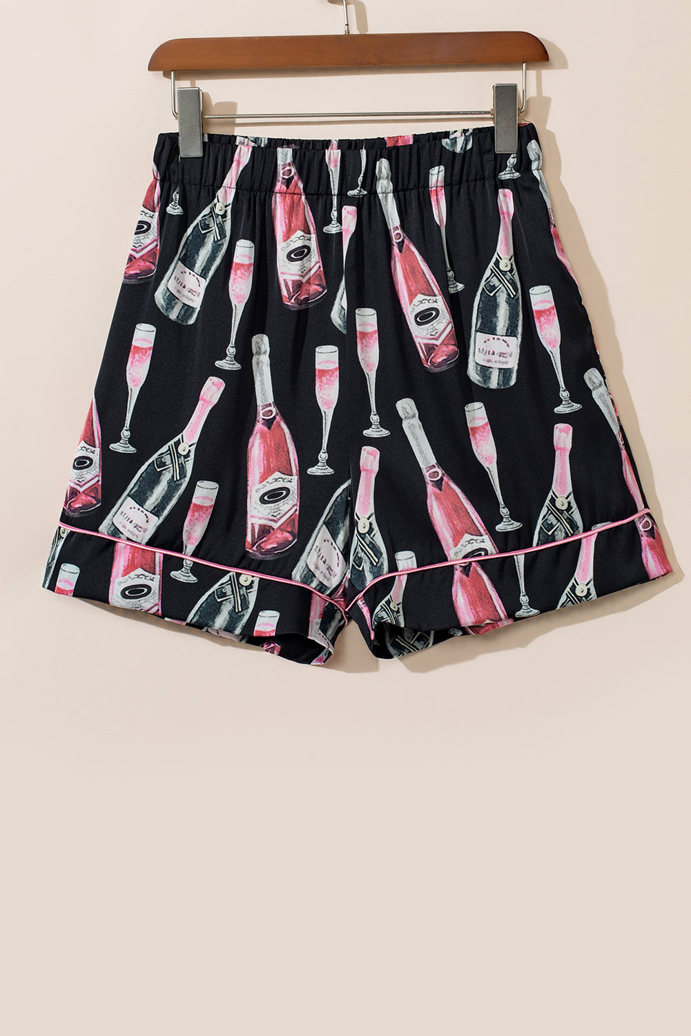 Black Champagne Print Silky Short Sleeve Pajamas Set