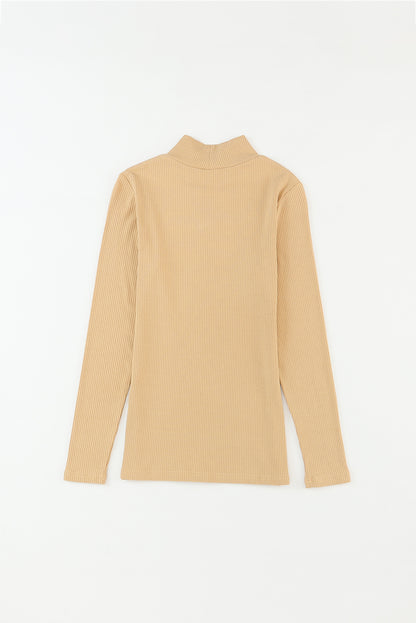 Rose Ribbed Knit High Neck Long Sleeve Top