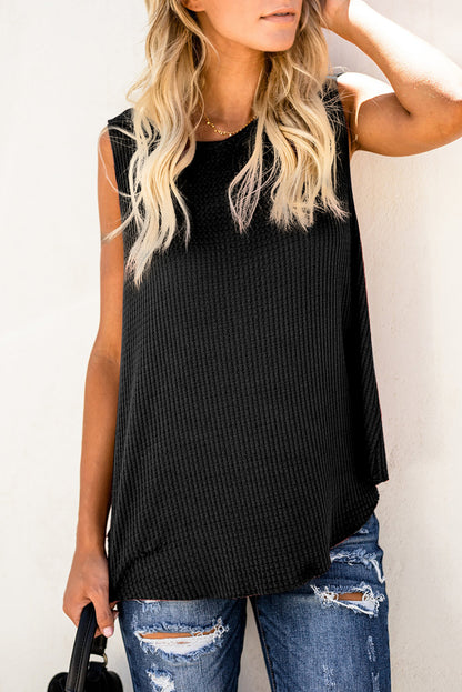 White Crew Neck Waffle Tank Top