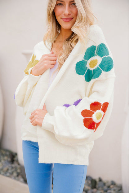 Cardigan aberto com manga bolha jacquared flor branca