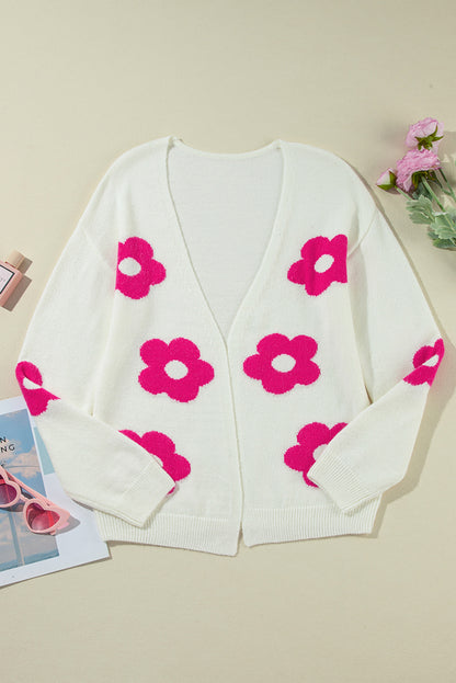 Cardigan frontal aberto com padrão de flor rosa vermelha