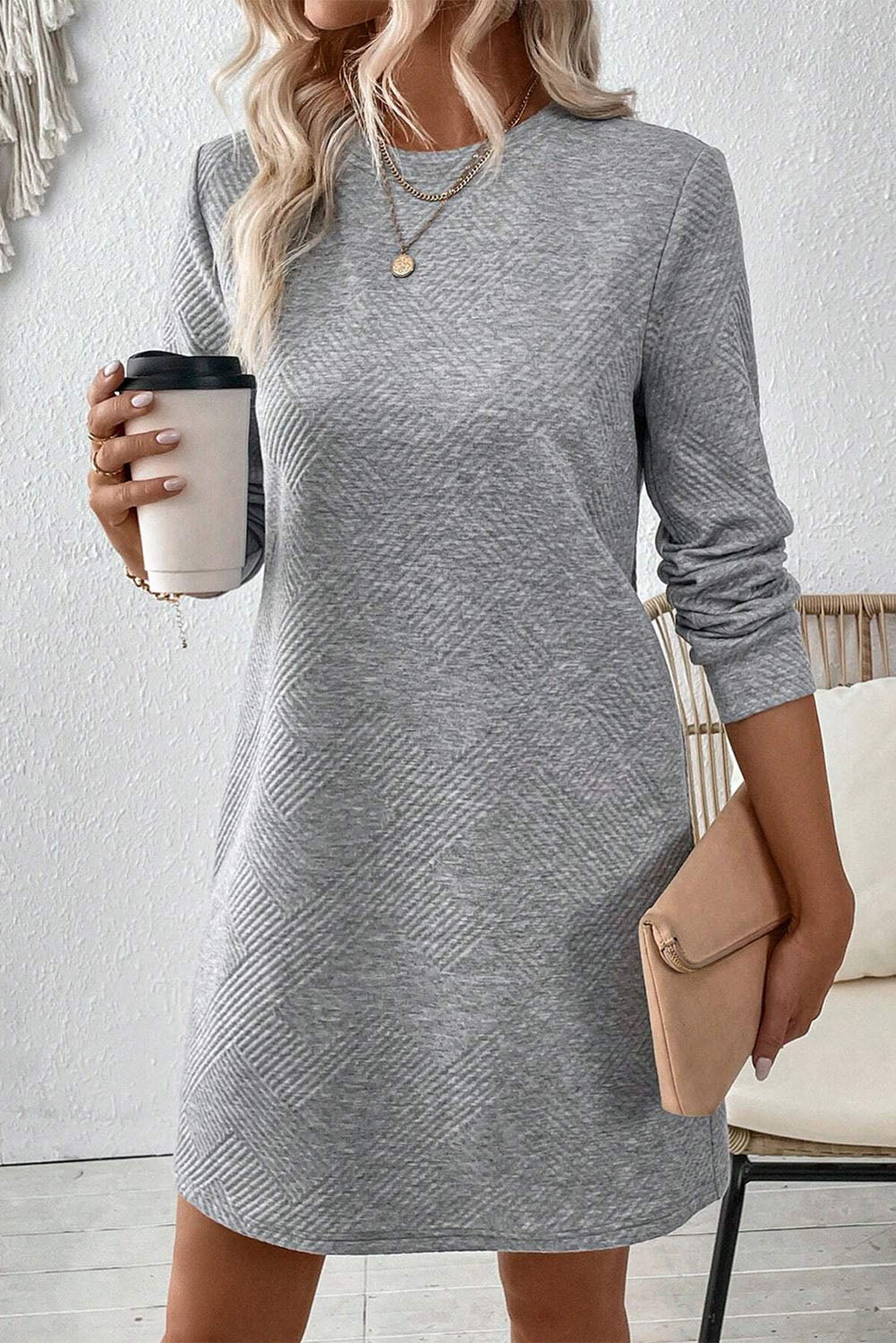 Black Solid Color Textured Long Sleeve Shift Dress