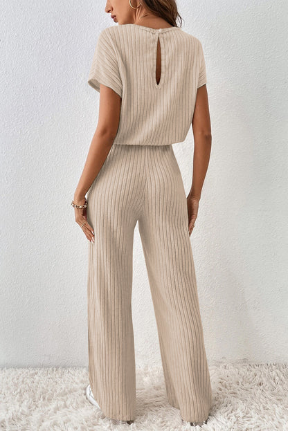 Black Solid Color Ribbed Short Sleeve Wide Leg Jumpsuit