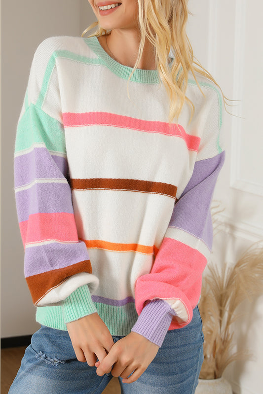 Multicolor Striped Colorblock Drop Shoulder Sweater