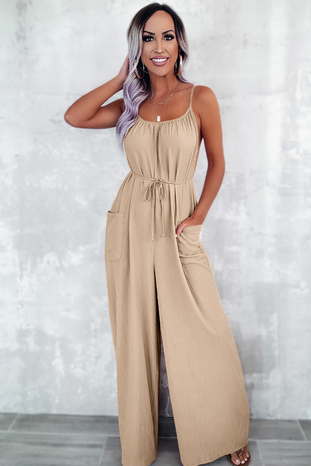 Chestnut Spaghetti Straps Waist Tie Wide Leg Jumpsuit with Pockets