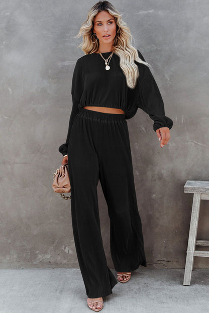 Black Corded Cropped Pullover and Wide Leg Pants Set