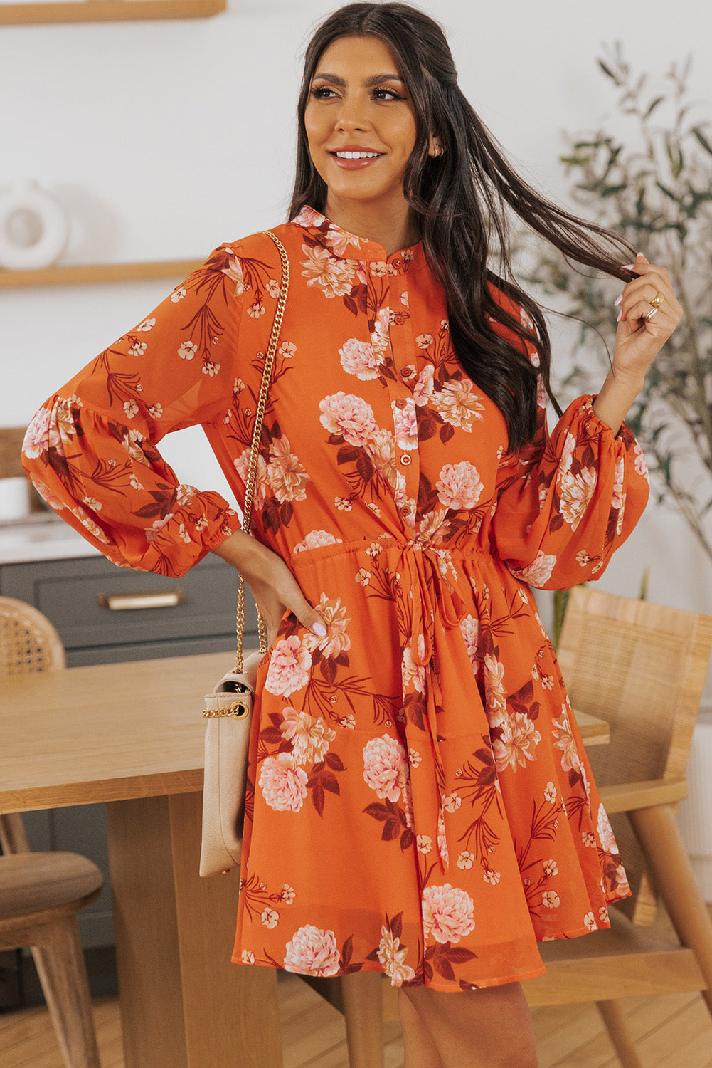 Robe fluide vintage à imprimé floral avec cordon de serrage