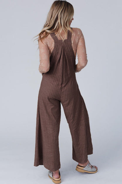 Brown Striped Pleated Wide Leg Pocketed Jumpsuit