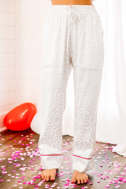 White 2pcs Leopard Satin Long Sleeve Pajamas Set