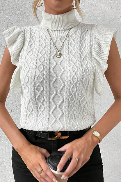 Pull blanc à volants en tricot torsadé à manches courtes et col roulé