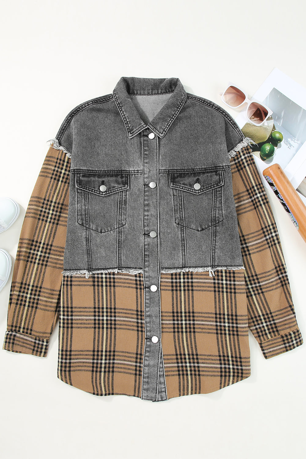 Medium Grey Plaid Patch Distressed Flap Pocket Denim Shacket