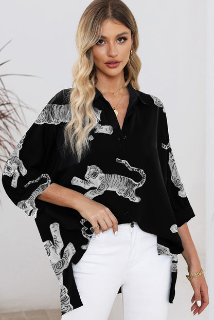 Chemise oversize noire à manches 3/4 et imprimé tigre