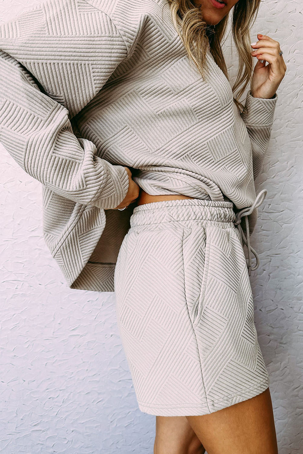 Green Textured Long Sleeve Top and Drawstring Shorts Set