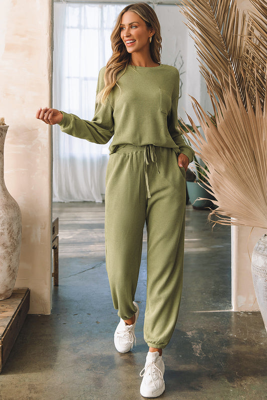 Laurel Green Waffle Knit Long Sleeve Top Drawstring Joggers Set