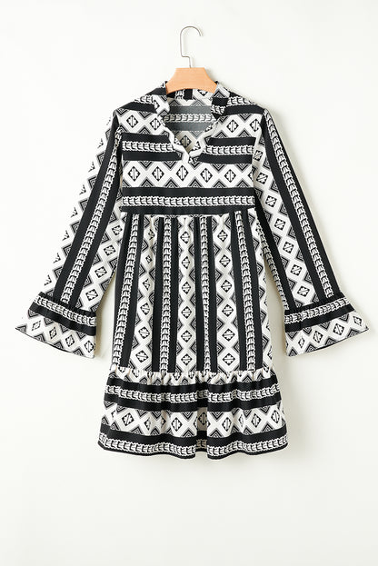 Black Boho Geometric Printed Flared Long Sleeve Mini Dress