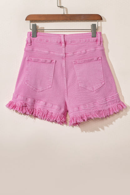 Shorts jeans de cintura média com borda desgastada rosa