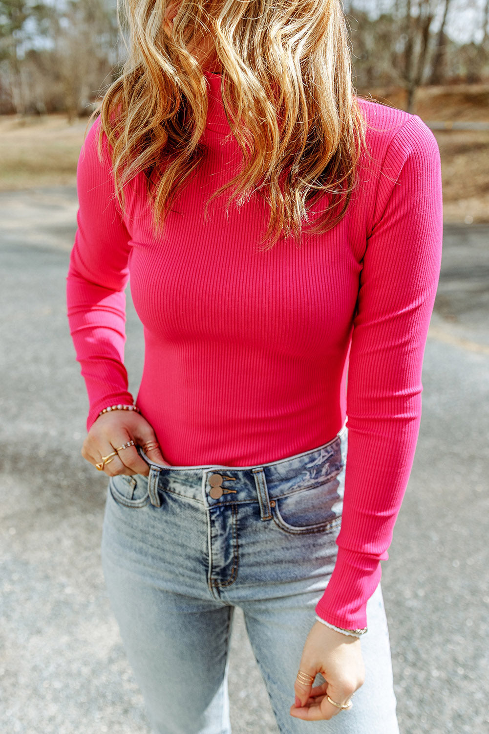 Rose Ribbed Knit High Neck Long Sleeve Top