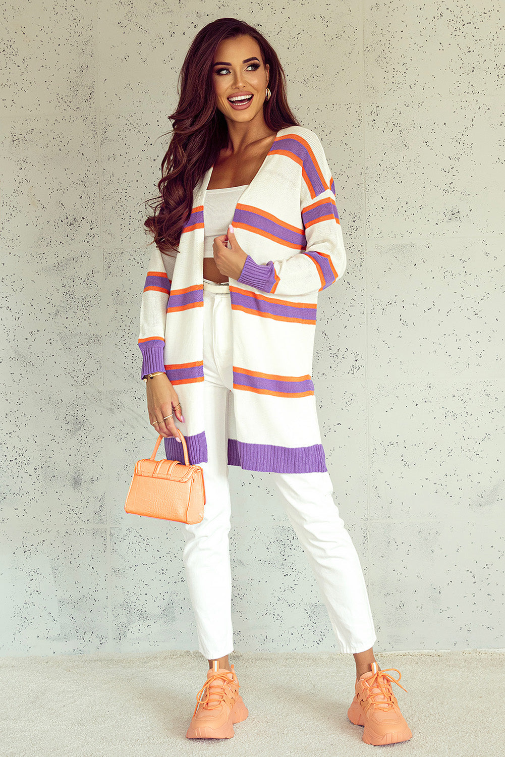 Multicolor Striped Long Sleeve Ribbed Trim Button Cardigan