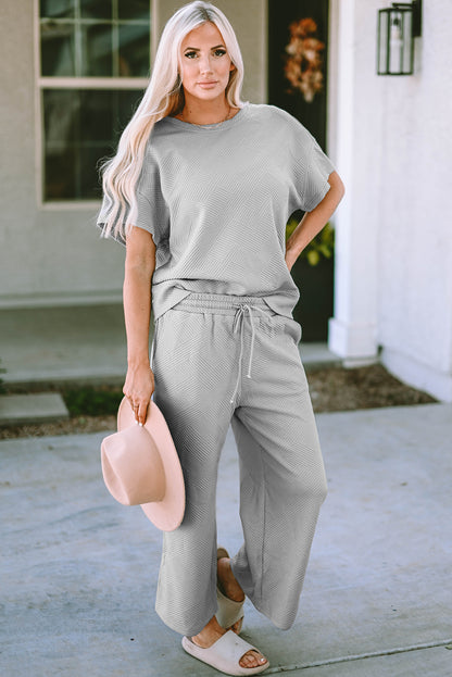 White Textured Loose Fit T Shirt and Drawstring Pants Set