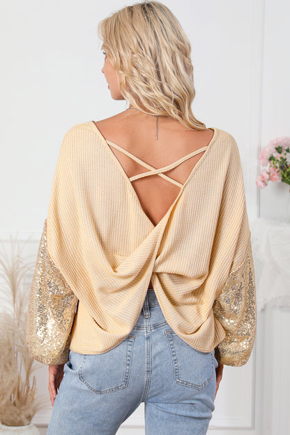 Black Sequin Patchwork Sleeve Open Back Waffle Knit Top