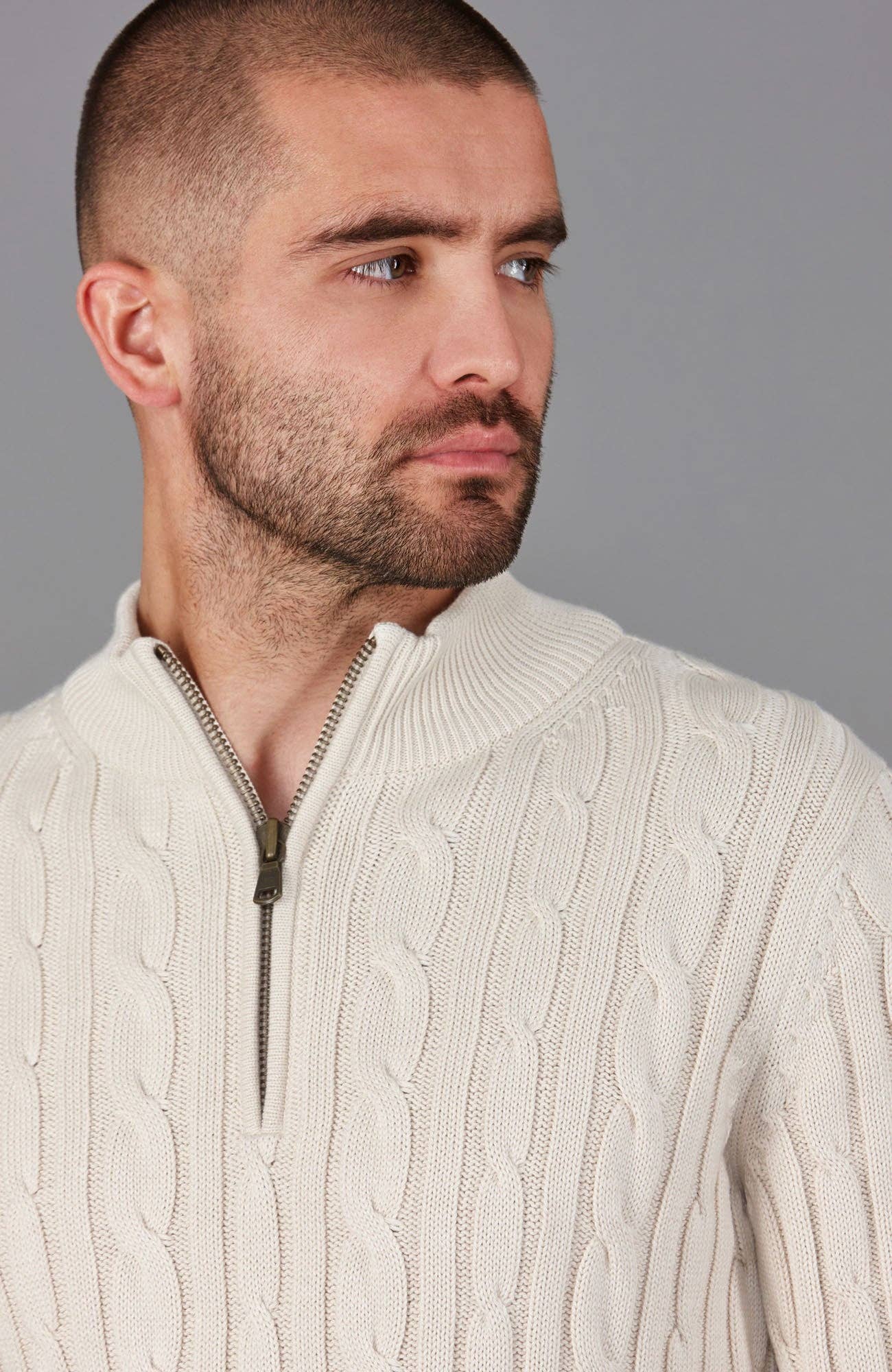 Mens Midweight Cotton Cable Zip Neck Jumper