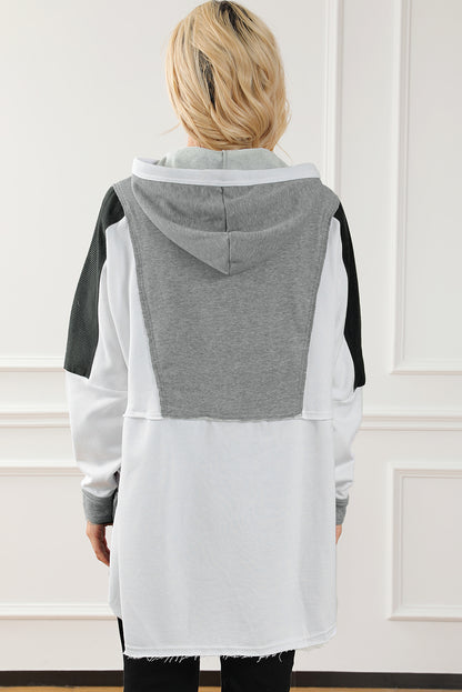 Black Color Block Exposed Seam Buttoned Neckline Hoodie