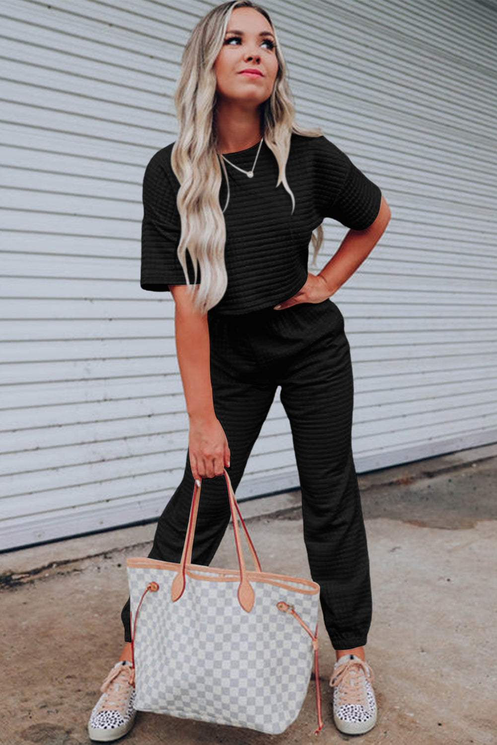 Rose Red Lattice Textured Cropped Tee and Jogger Pants Set