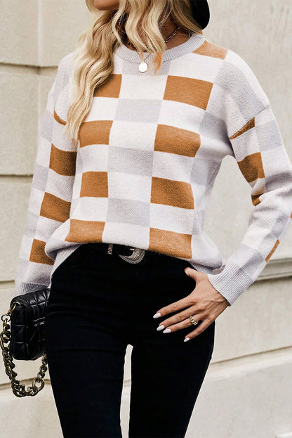 Black Checkered Ribbed Edge O Neck Drop Shoulder Sweater