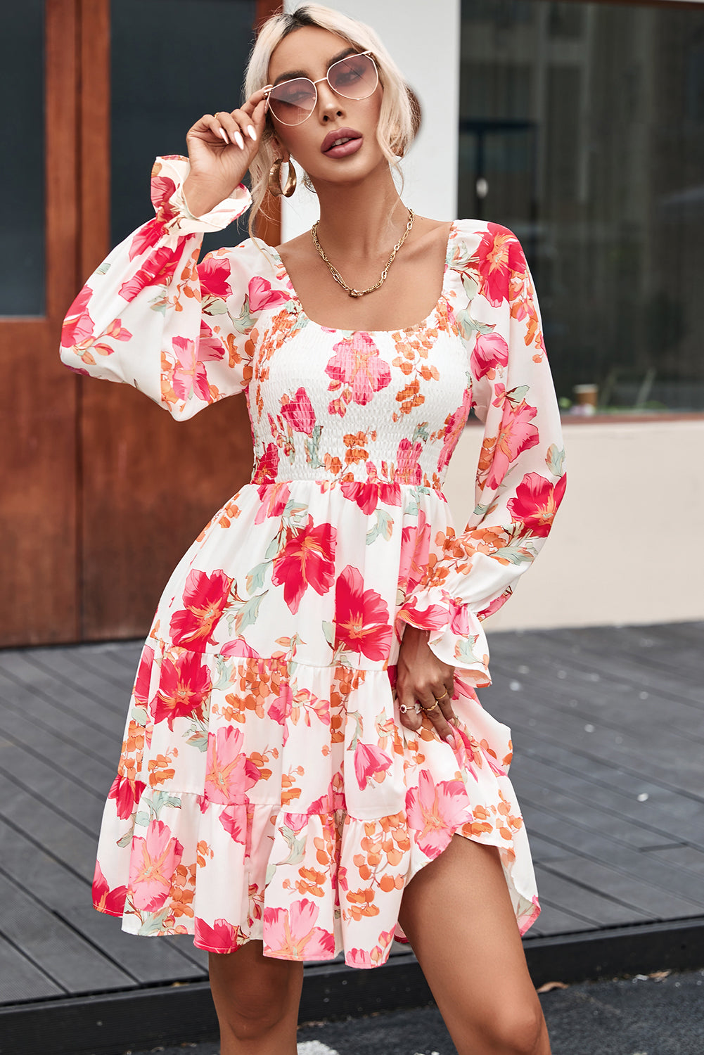 Fiery Red Smocked Tiered Floral Dress