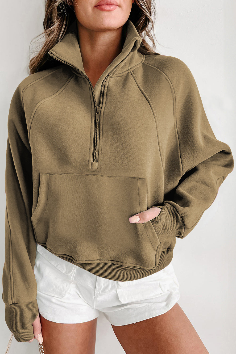 Phalaenopsis Fleece Lined Zip Up Stand Collar Thumbhole Sleeve Sweatshirt