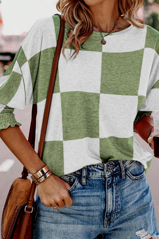 Blusa com punhos franzidos e estampa xadrez verde grama