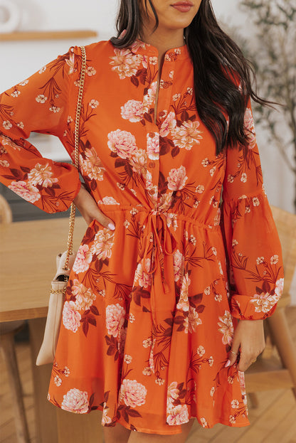 Vintage Floral Print Drawstring Flowy Dress