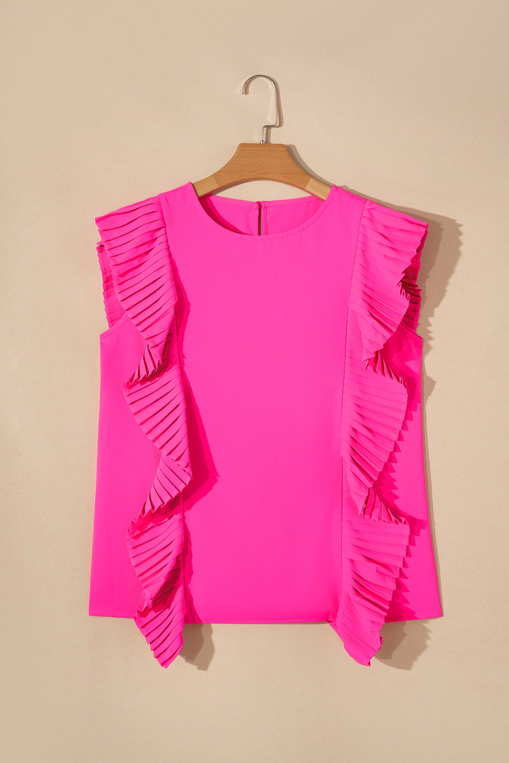 Bright Pink Pleated Ruffle Patchwork Sleeveless Blouse