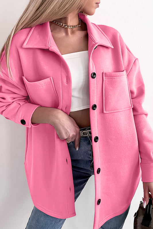 Veste boutonnée à manches longues de couleur unie rose